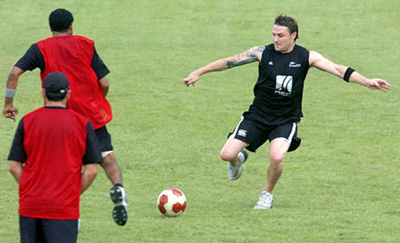 Brendon McCullum plays football during a practice session, Fatullah, October 7, 2008