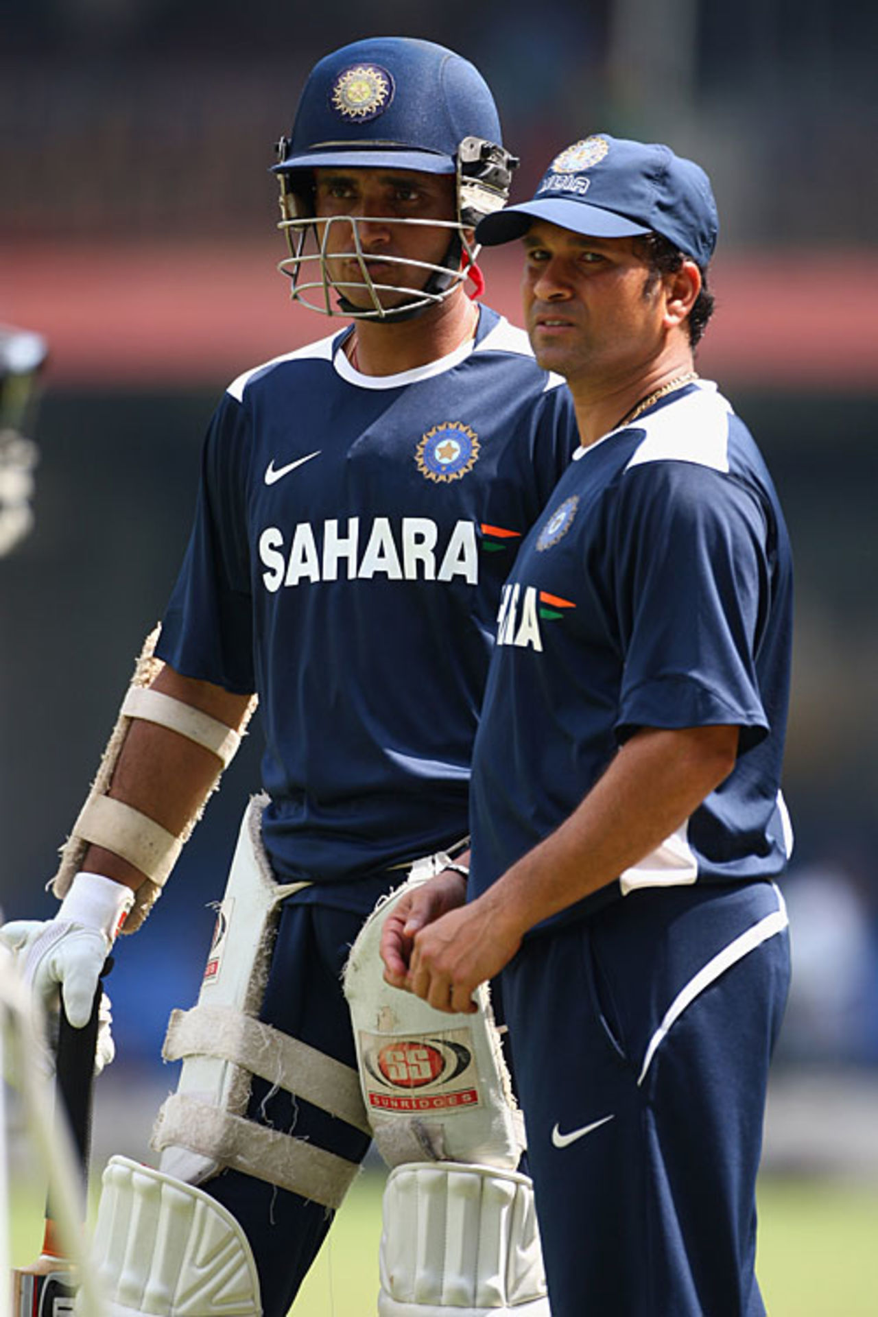 Sachin Tendulkar and Sourav Ganguly look on during net practice, Bangalore, October 7, 2008