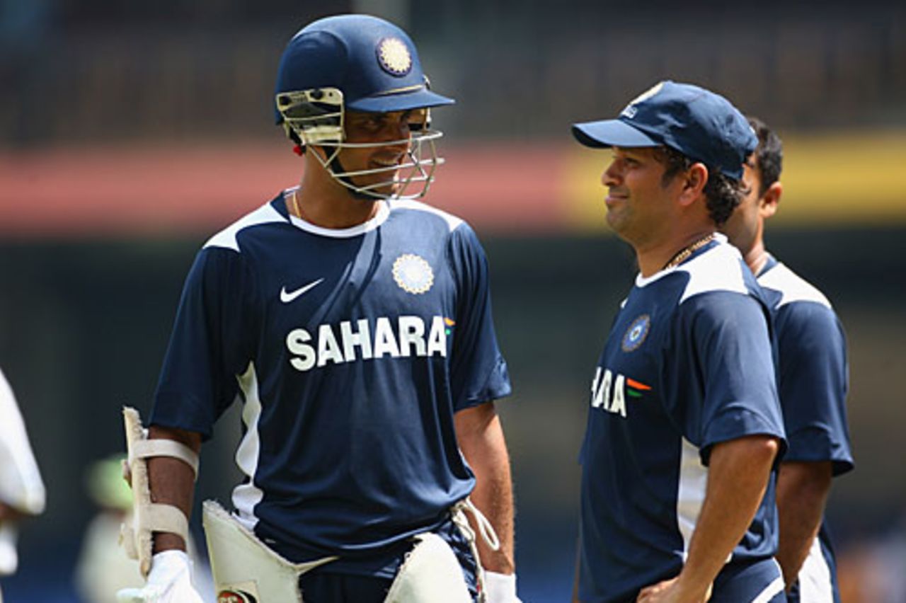 Sachin Tendulkar and Sourav Ganguly chat during net practice, Bangalore, October 7, 2008