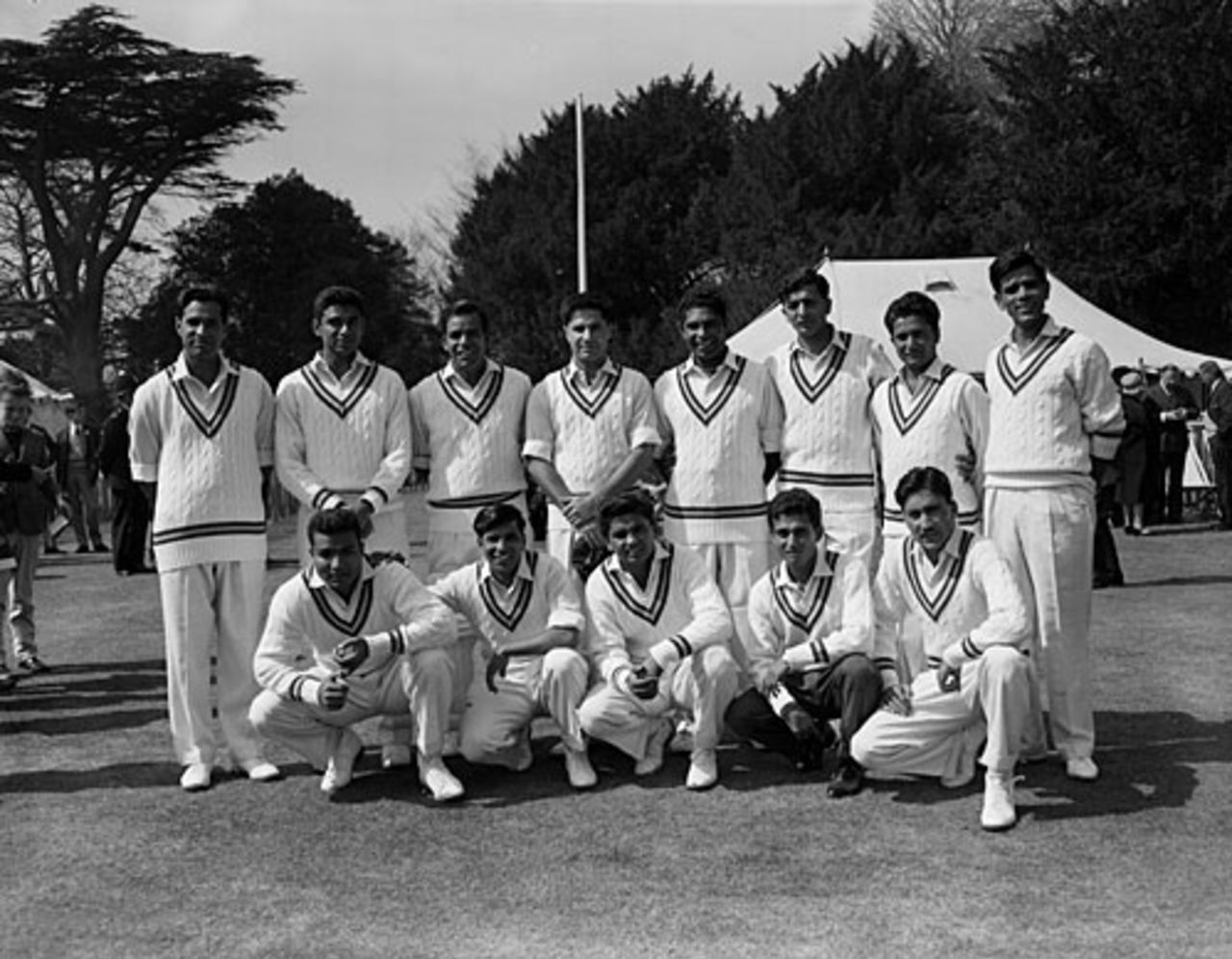 The Pakistan squad in England, 1962.  (Back) Saeed Ahmed, Mohammed Farooq, Imtiaz Ahmed, Javed Burki, Ali Muddin, Ijaz Butt, Hanif Mohammed and Masimul Ghan. (Front) Intikhab Alam, Wallis Mathias, Mushtaq Mohammed, A Ahmed and Munir Malik.
