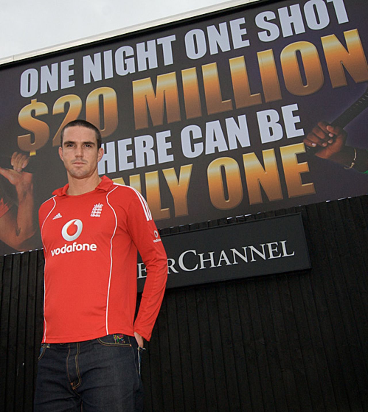 Kevin Pietersen stands in front of a billboard advertising the Stanford 20/20 for 20, London, October 7, 2008