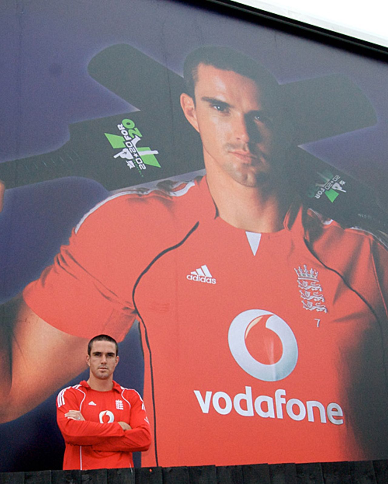 Kevin Pietersen stands in front of a billboard advertising the Stanford 20/20 for 20, London, October 7, 2008