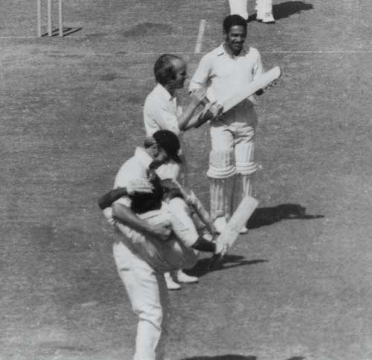 Tony Greig cradles Gundappa Viswanath in his arms, India v England, fifth Test, Mumbai, 7 February 1973