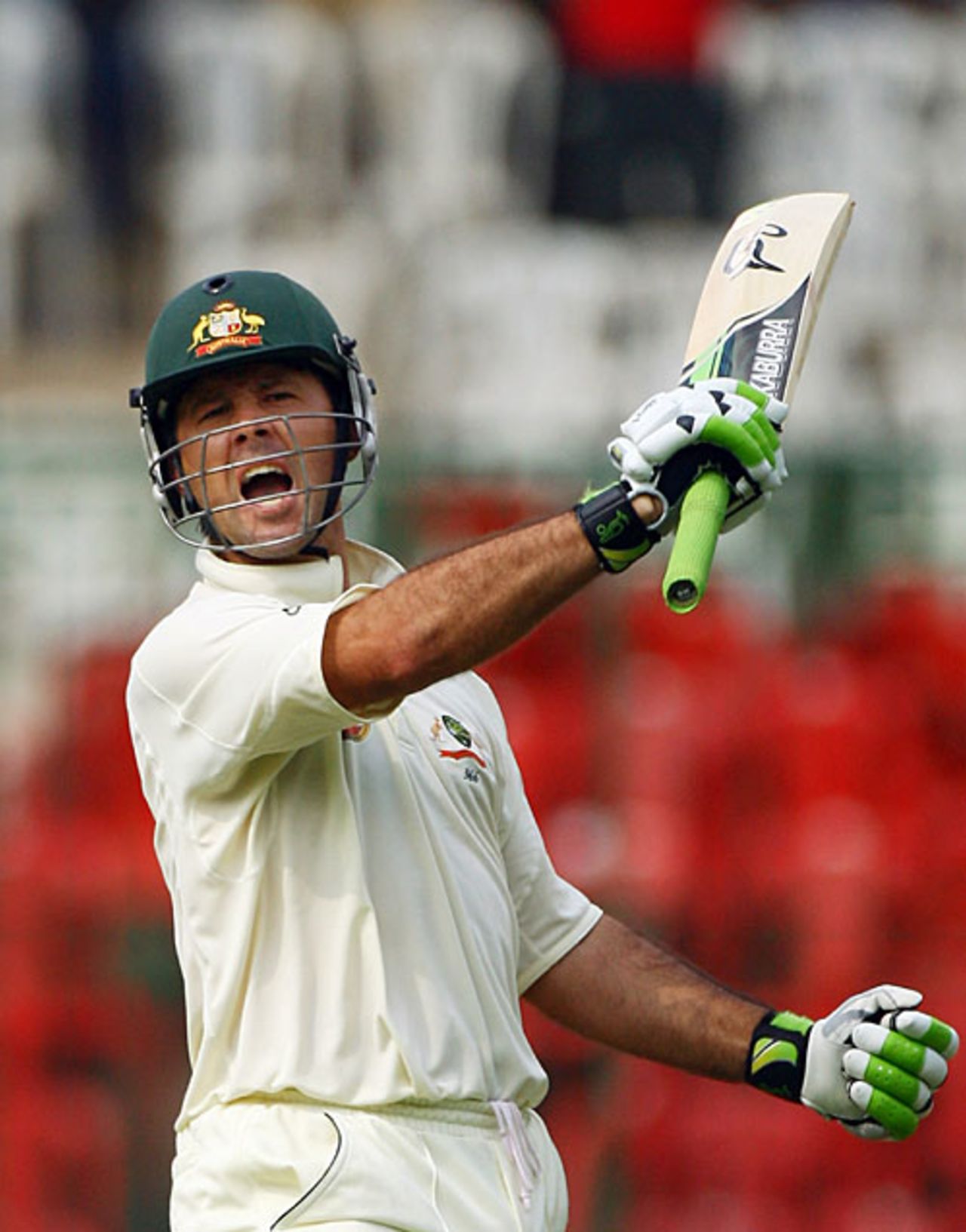 Ricky Ponting is charged up after getting his first hundred in India, India v Australia, 1st Test, Bangalore, 1st day, October 9, 2008