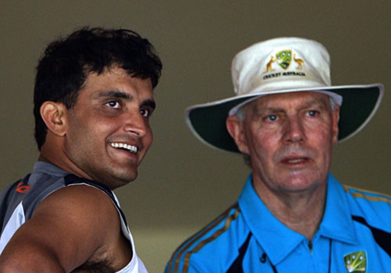 Sourav Ganguly and former India coach Greg Chappell chat ahead of the first Test, October 8, 2008