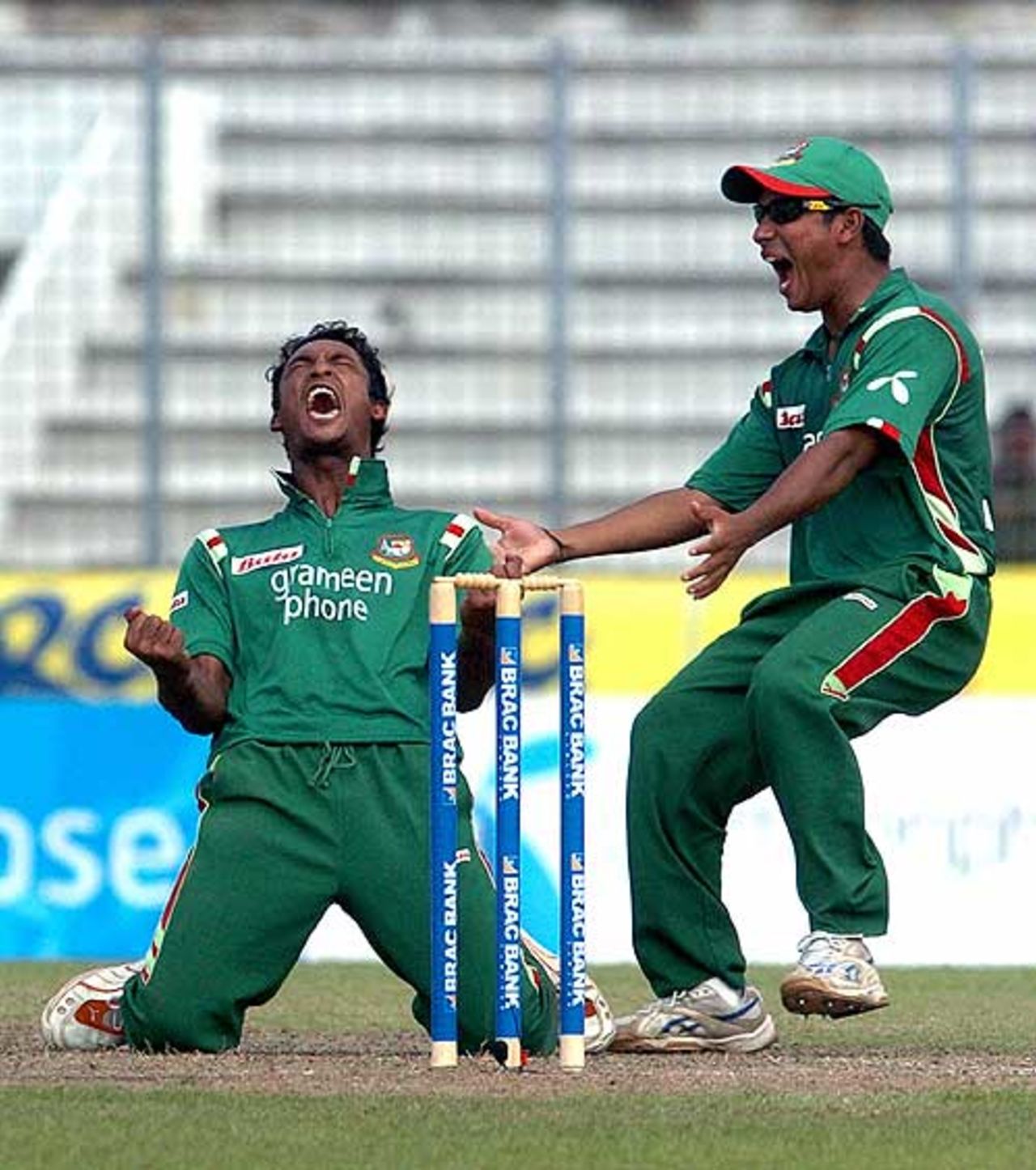Naeem Islam and Mohammad Ashraful celebrate Daniel Vettori's wicket, Bangladesh v New Zealand, 2nd ODI, Mirpur, October 11, 2008