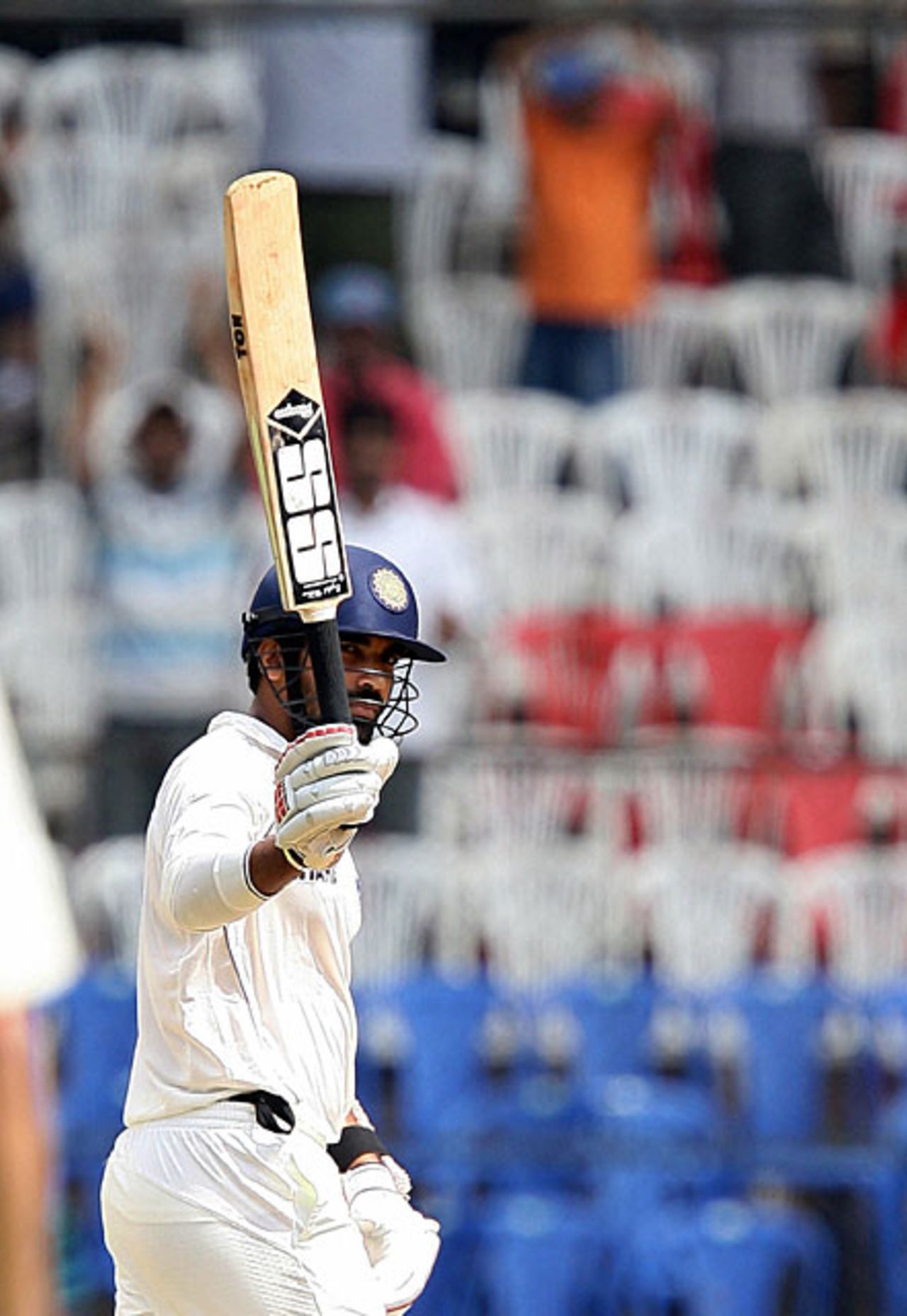Zaheer Khan raises his bat after reaching his fifty, India v Australia, 1st Test, Bangalore, 4th day, October 12, 2008