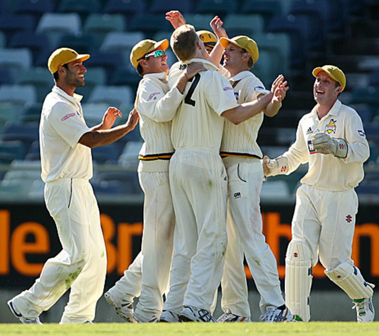 The Warriors are ecstatic after the fall of Dominic Thornley, Western Australia v New South Wales, Sheffield Shield, 3rd day, Perth, October 12, 2008