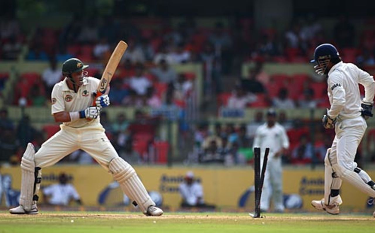 Michael Hussey is undone by a topspinner from Harbhajan Singh, India v Australia, 1st Test, Bangalore, 4th day, October 12, 2008