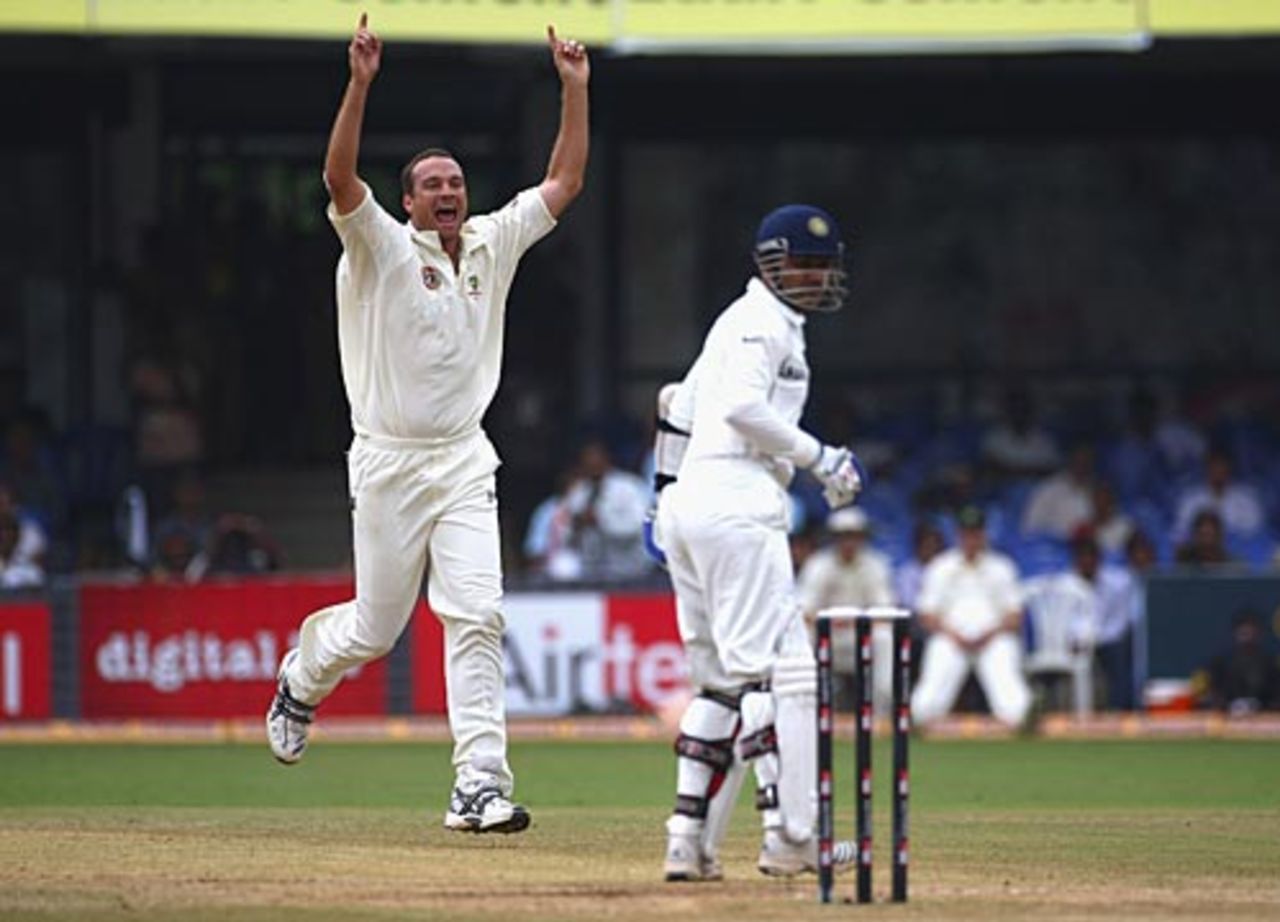 Stuart Clark rejoices after getting Virender Sehwag caught, India v Australia, 1st Test, Bangalore, 5th day, October 13, 2008