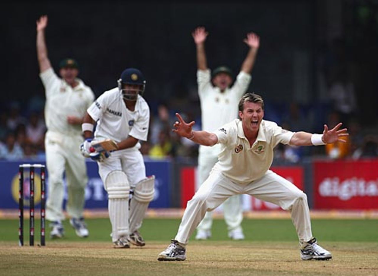 Brett Lee unsuccessfully appeals for an lbw against Gautam Gambhir, India v Australia, 1st Test, Bangalore, 5th day, October 13, 2008