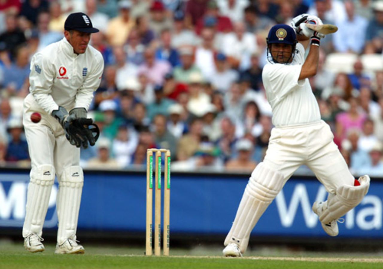 Sachin Tendulkar steers the ball square as Alec Stewart looks on, England v India, 4th Test, The Oval, 3rd day, September 9, 2002