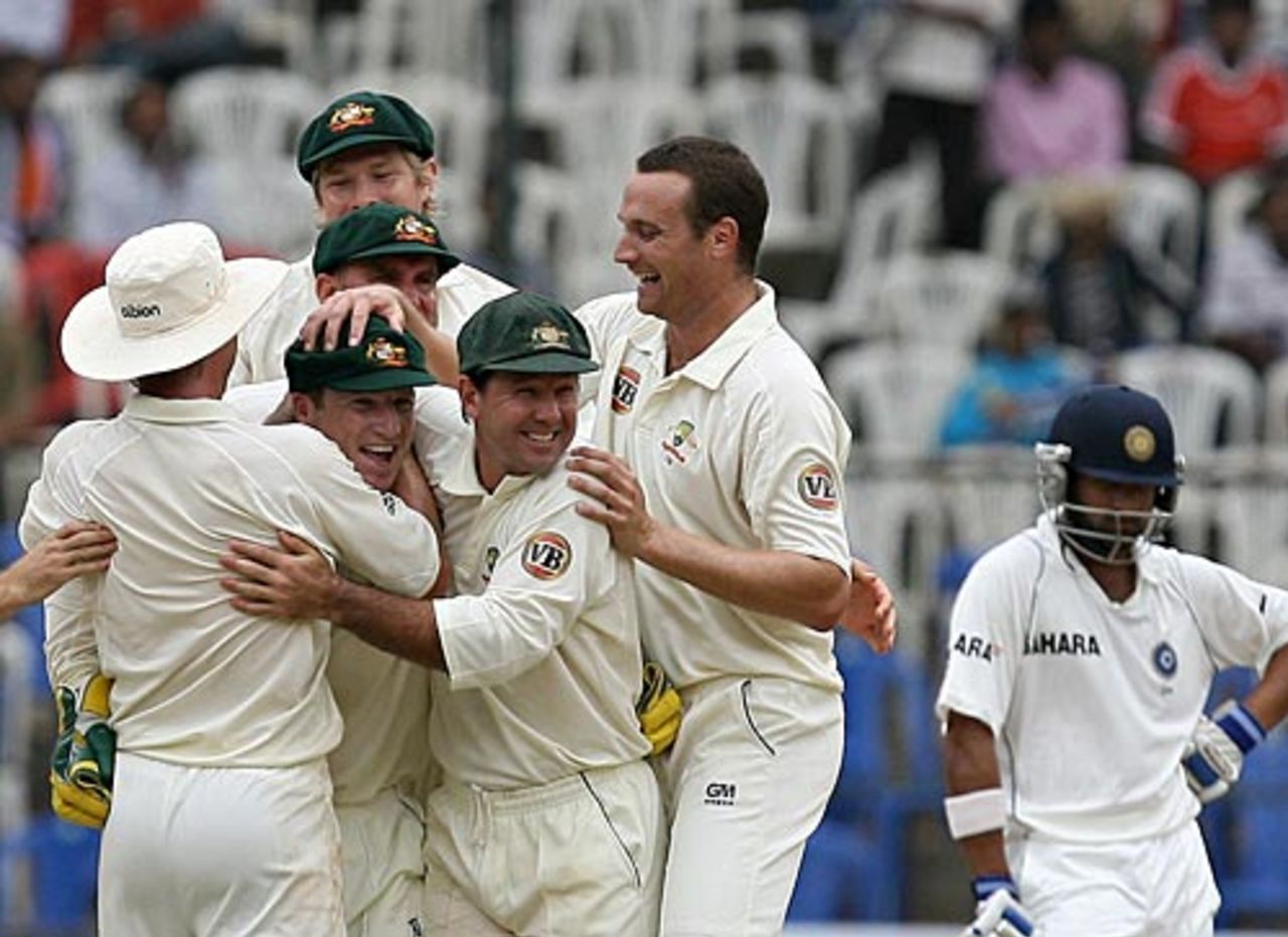 Team-mates are confident that Brad Haddin has caught Gautam Gambhir out of his crease, India v Australia, 1st Test, Bangalore, 5th day, October 13, 2008