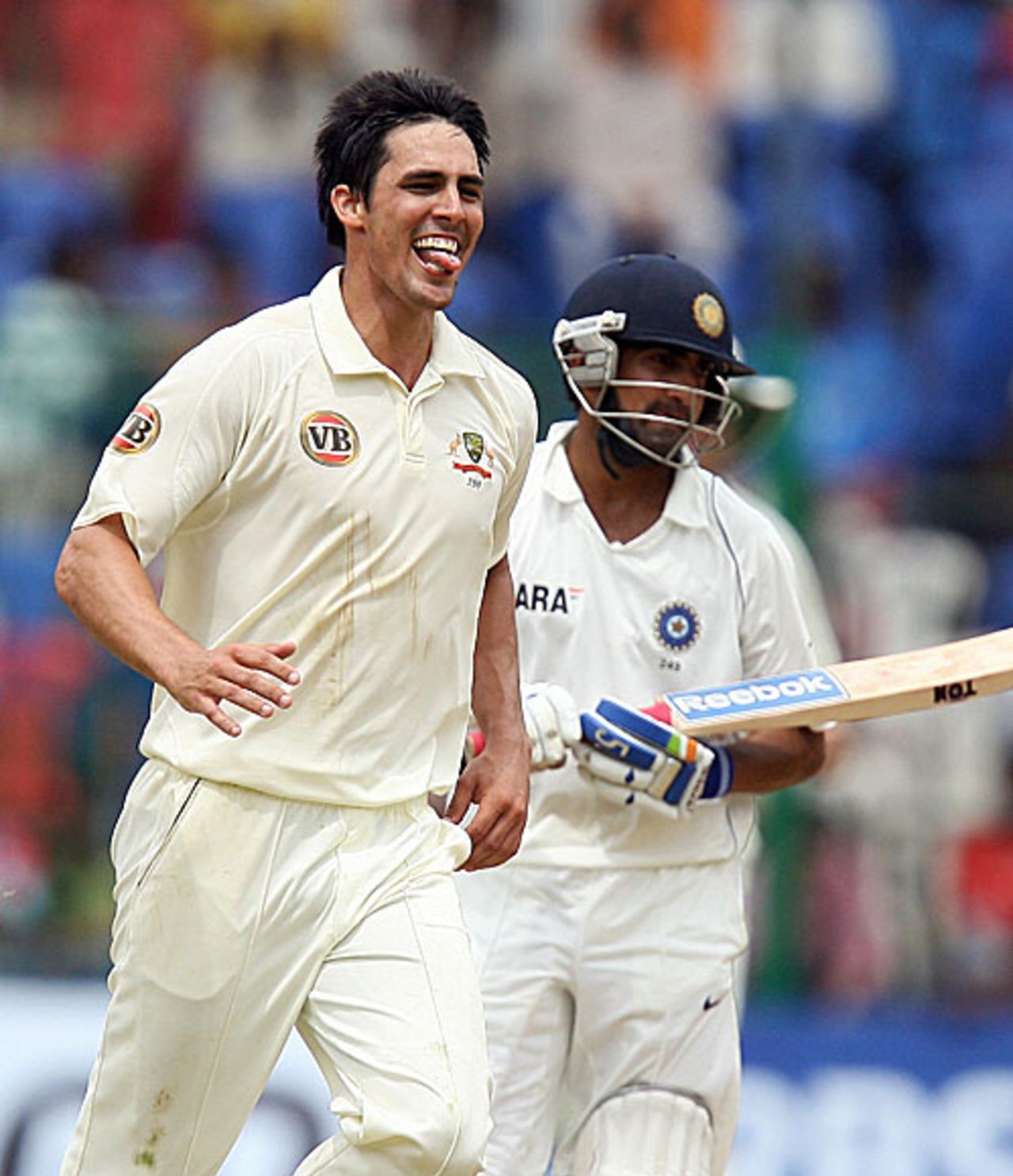 A delighted Mitchell Johnson snares Gautam Gambhir, India v Australia, 1st Test, Bangalore, 5th day, October 13, 2008