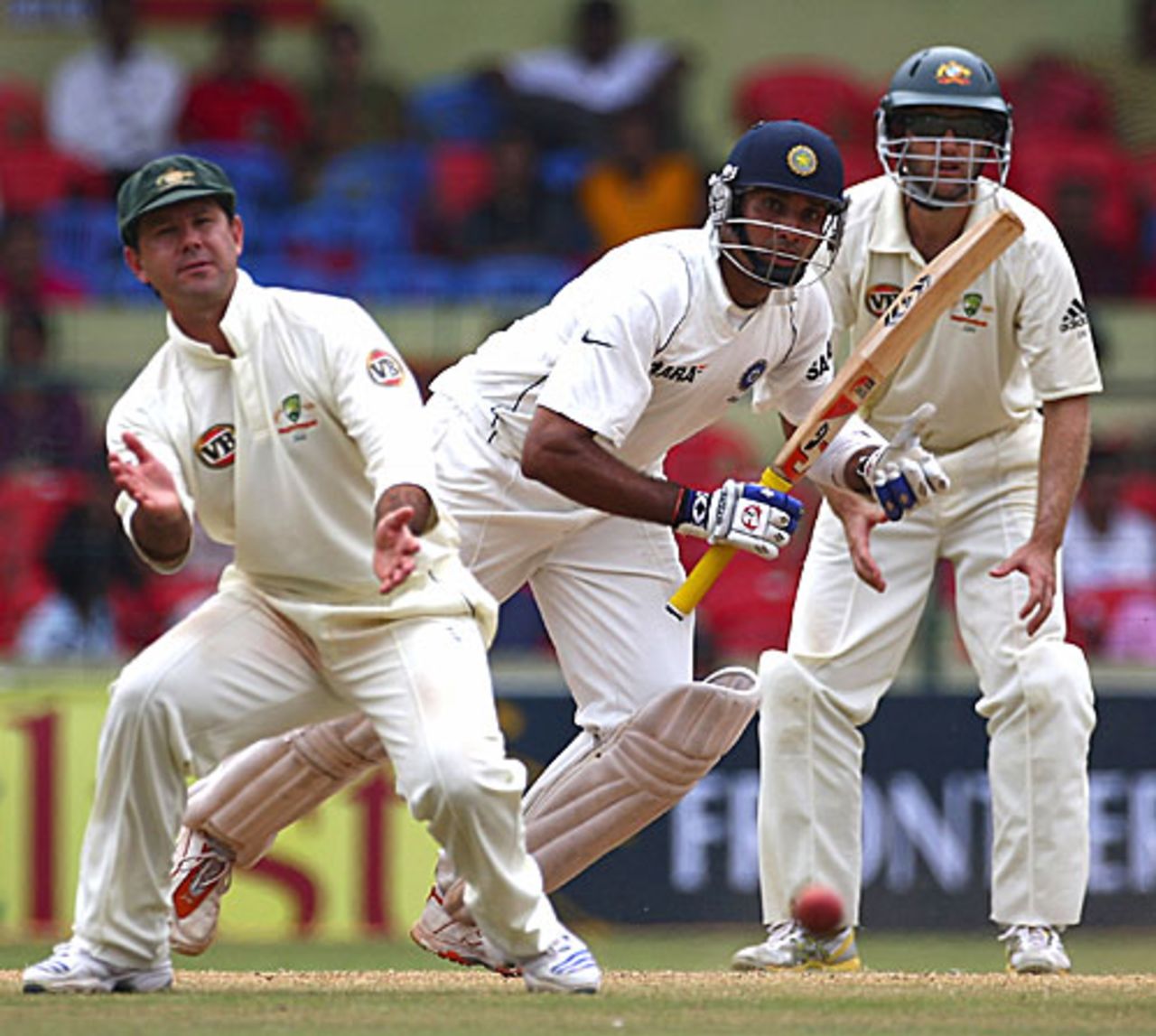 VVS Laxman drives past the close-in fielders, India v Australia, 1st Test, Bangalore, 5th day, October 13, 2008