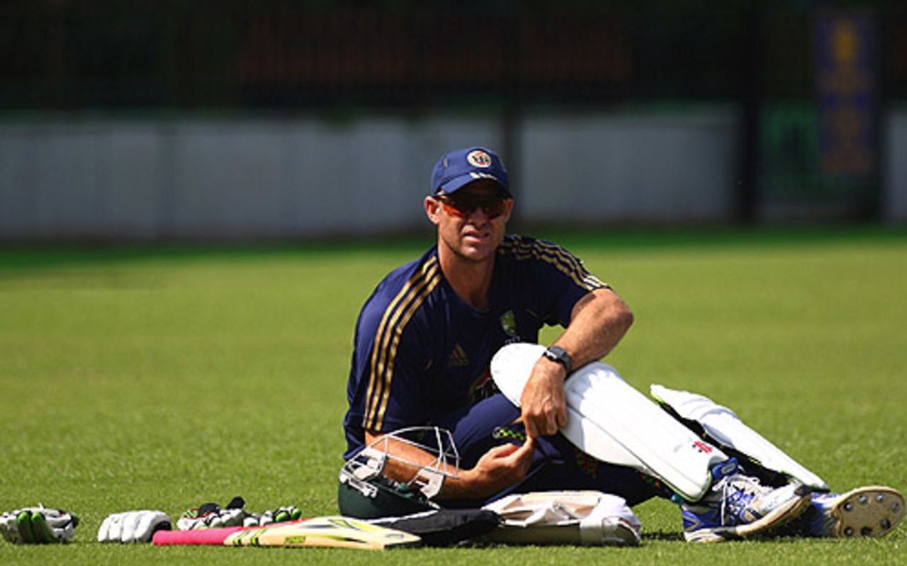 Matthew Hayden pads up for practice, Mohali, October 15, 2008