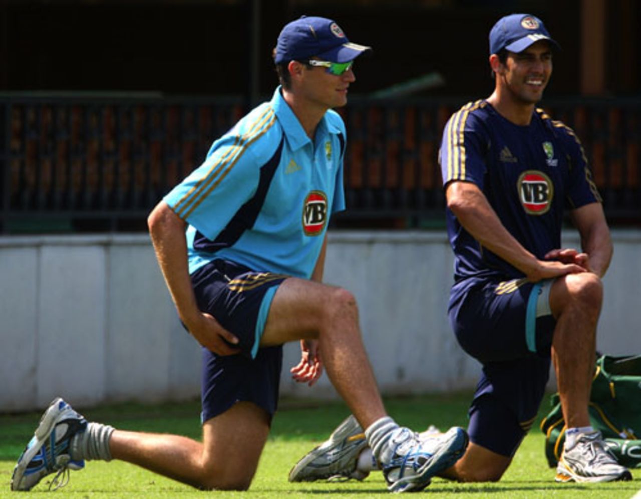 Stuart Clark and Mitchell Johnson stretch out, Mohali, October 15, 2008