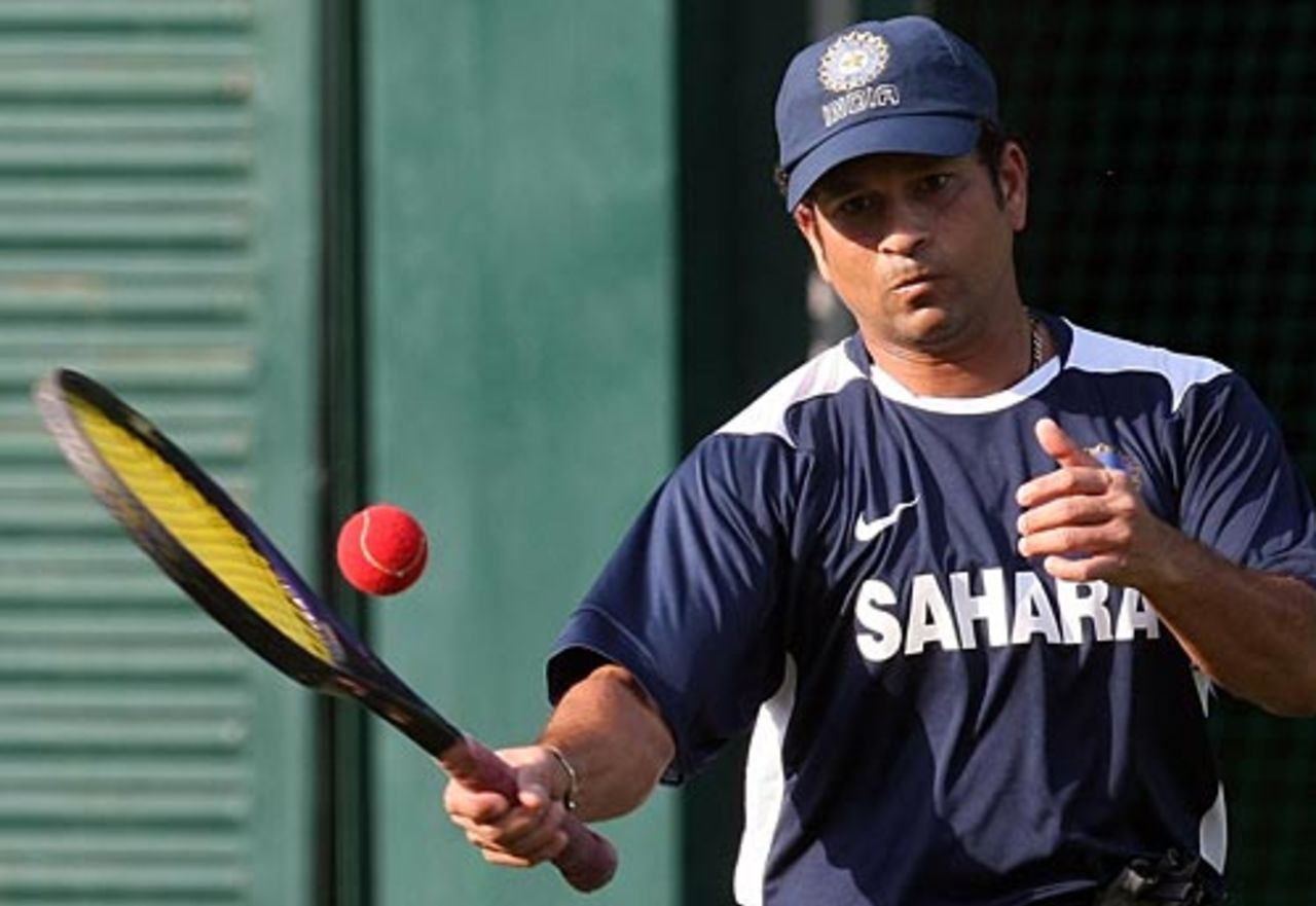 Sachin Tendulkar tries his hand at tennis, Mohali, October 15, 2008
