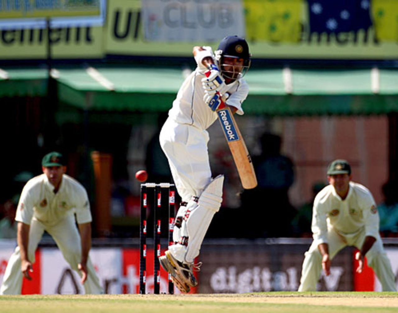 Gautam Gambhir fends off a short ball to leg side, India v Australia, 2nd Test, Mohali, 1st day, October 17, 2008