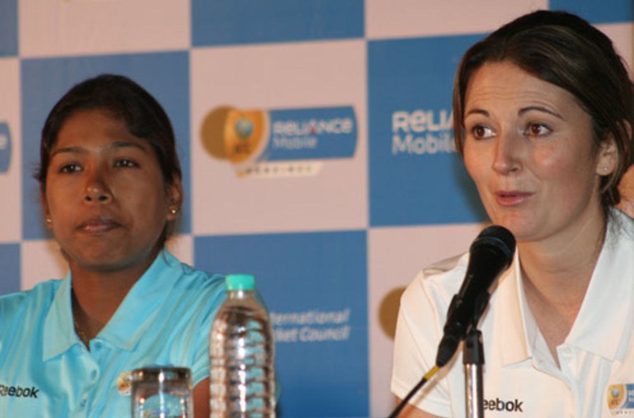 India's captain Jhulan Goswami with England's captain Charlotte Edwards at the launch of the ICC's women's rankings, Mumbai, October 16, 2008