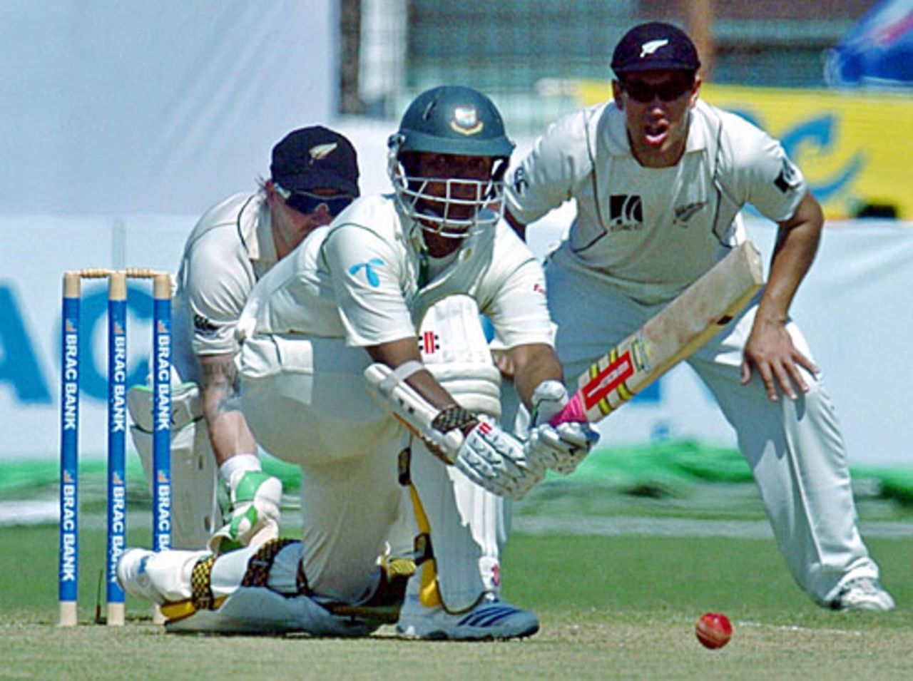 Tamim Iqbal sweeps during his 90-ball 18, Bangladesh v New Zealand, 1st Test, Chittagong, 1st day, October 17, 2008
