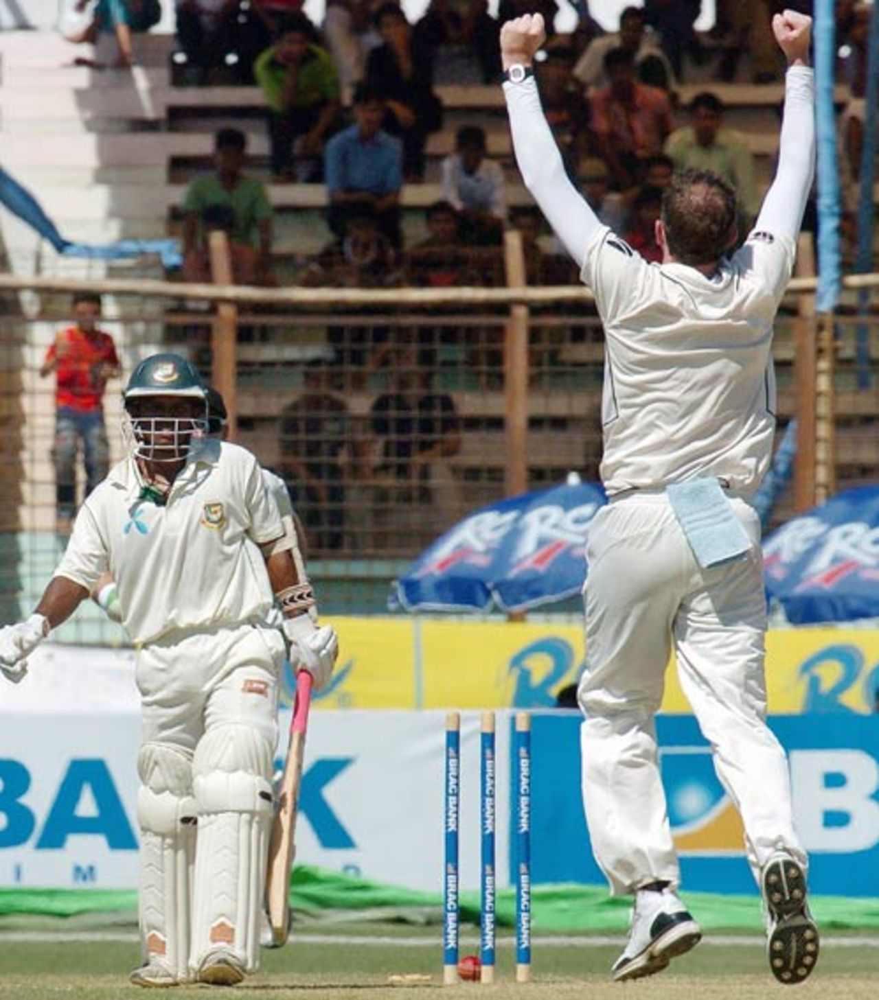 Iain O'Brien is a happy man after getting Rajin Saleh bowled, Bangladesh v New Zealand, 1st Test, Chittagong, 1st day, October 17, 2008