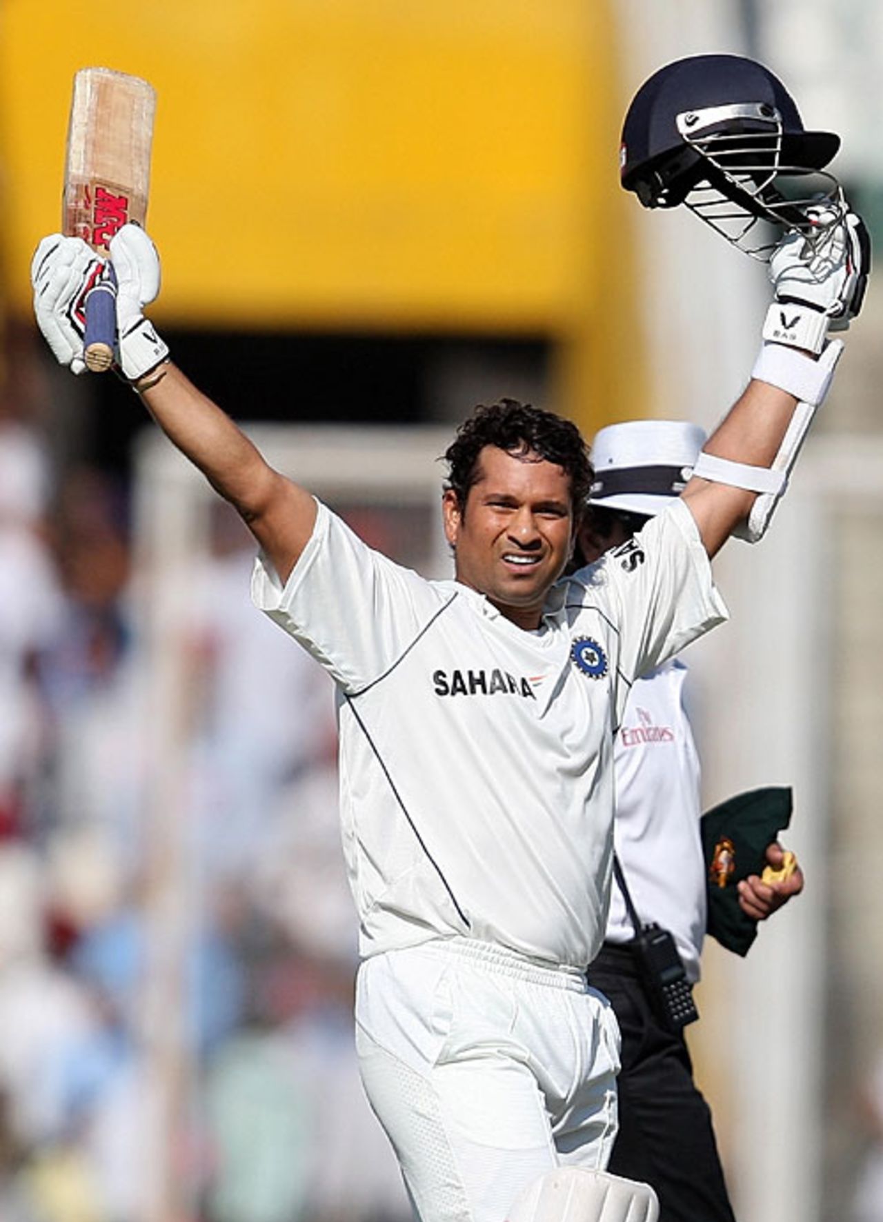 Sachin Tendulkar raises his bat after breaking the world record, India v Australia, 2nd Test, Mohali, 1st day, October 17, 2008