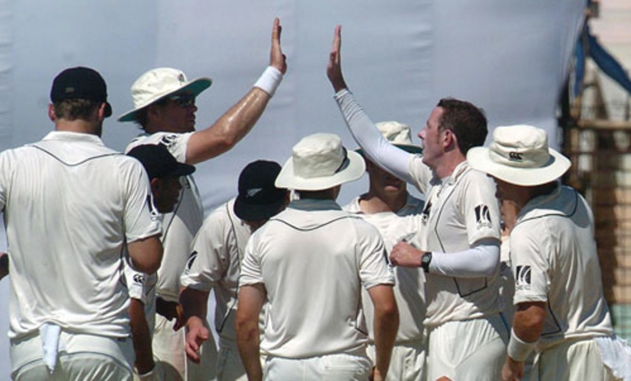 The New Zealand team celebrates the wicket of Rajin Saleh, Bangladesh v New Zealand, 1st Test, Chittagong, 1st day, October 17, 2008