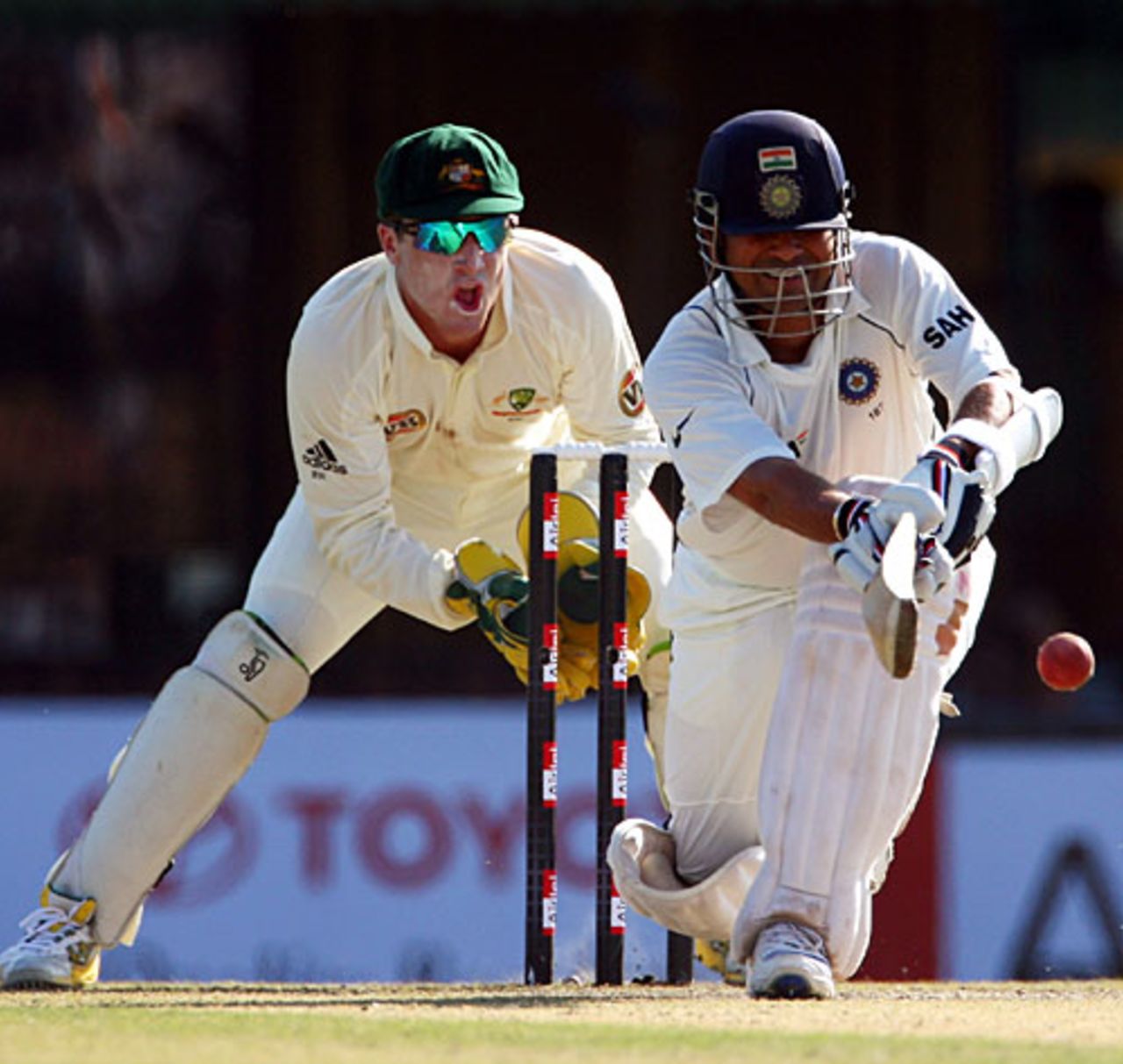 Sachin Tendulkar looks to play the sweep shot, India v Australia, 2nd Test, Mohali, 1st day, October 17, 2008