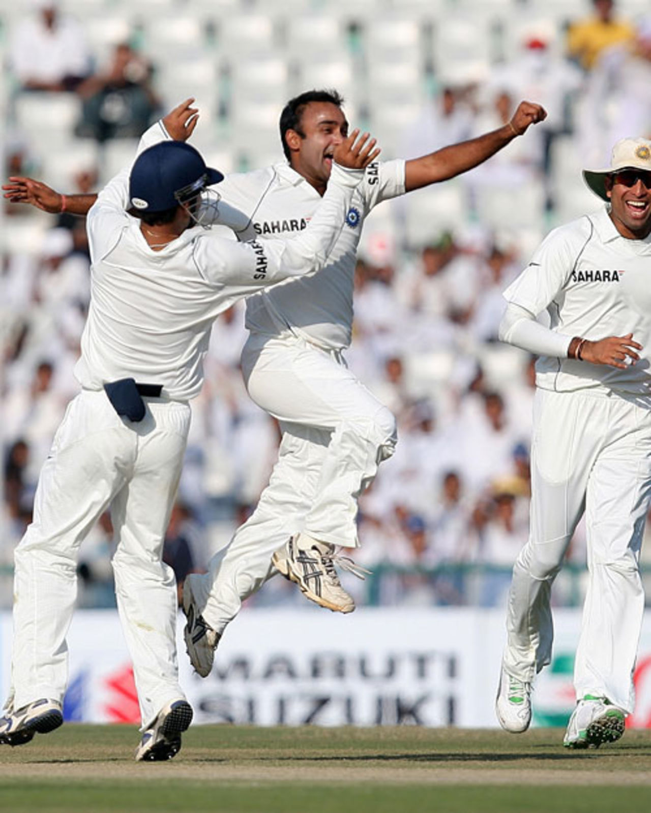 Amit Mishra is over the moon after getting his first Test wicket, that of Simon Katich, India v Australia, 2nd Test, Mohali, 2nd day, October 18, 2008
