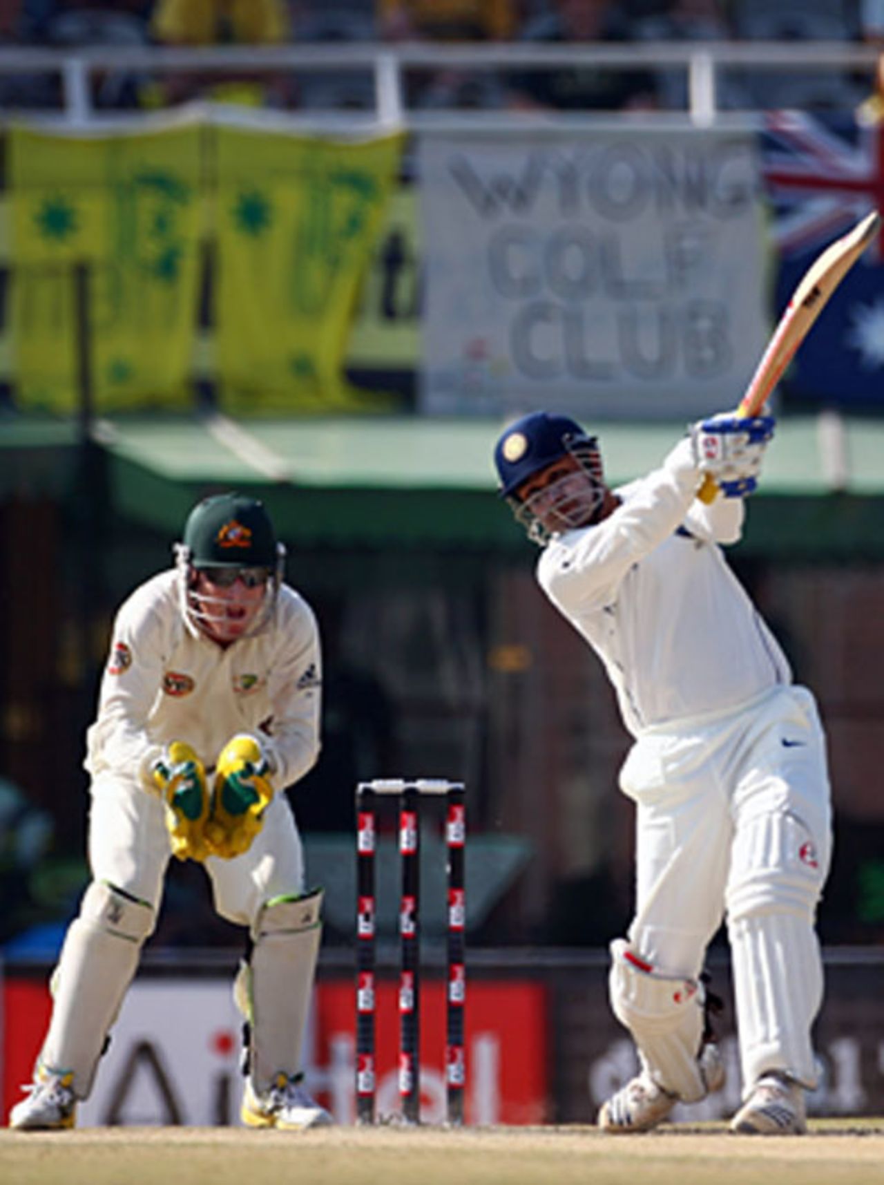 Virender Sehwag plays a powerful shot over extra cover, India v Australia, 2nd Test, Mohali, 4th day, October 20, 2008