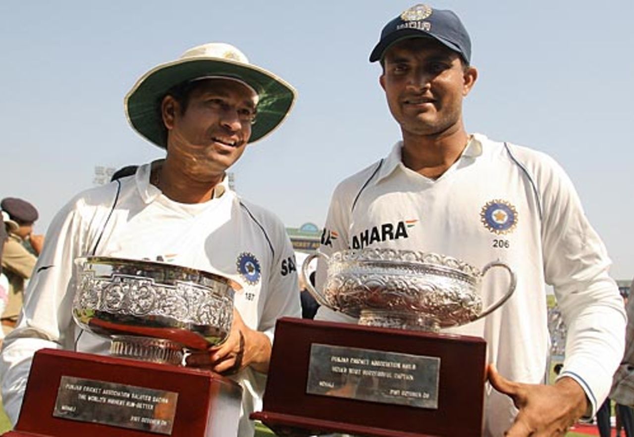 Sachin Tendulkar and Sourav Ganguly receive awards from the Punjab Cricket Association, India v Australia, 2nd Test, Mohali, 5th day, October 21, 2008