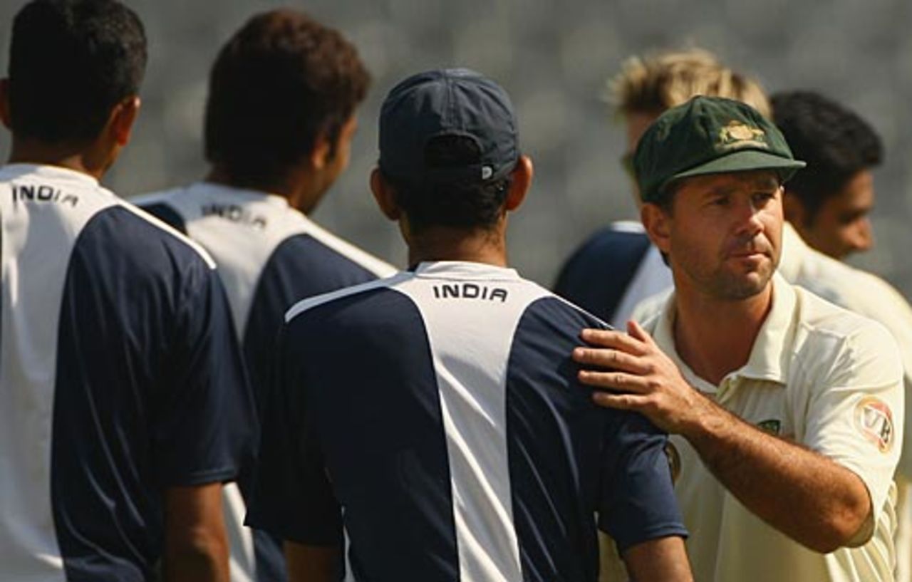 Ricky Ponting is a picture of gloom as he shakes hands with the Indian team, India v Australia, 2nd Test, Mohali, 5th day, October 21, 2008