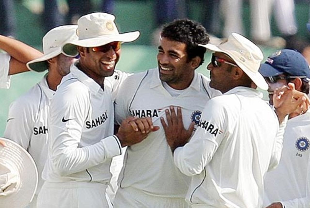 Team-mates congratulate Zaheer Khan after the fall of Brad Haddin's wicket, India v Australia, 2nd Test, Mohali, 5th day, October 21, 2008