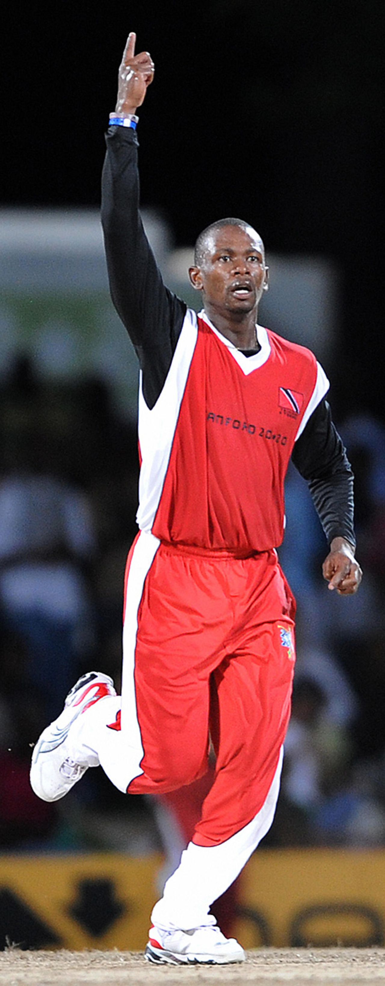 Navin Stewart celebrates one of his two late wickets, Stanford Superstars v Trinidad & Tobago, Antigua, October 25, 2008
