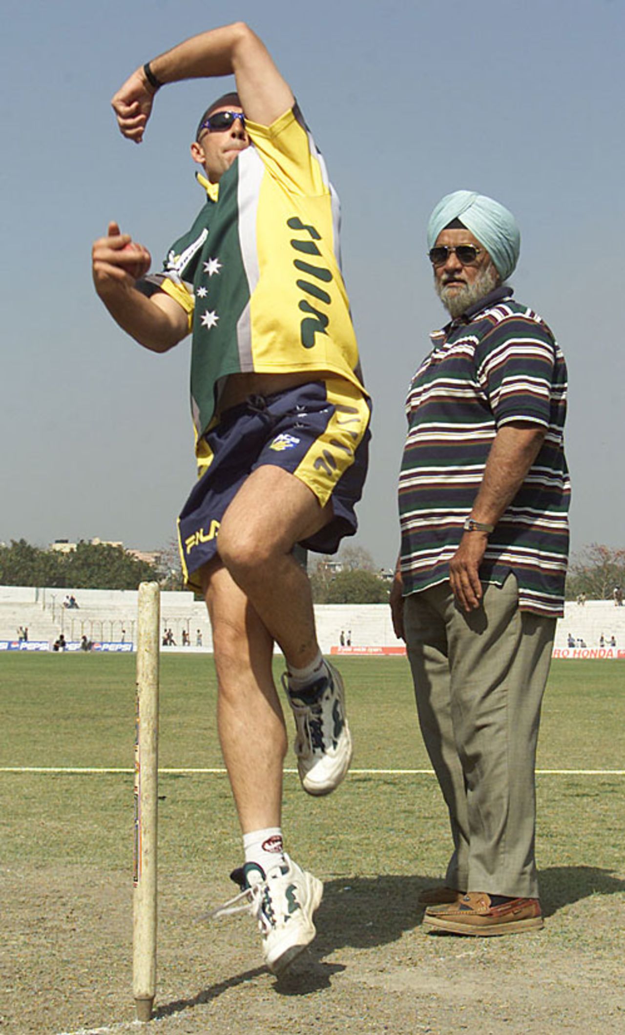 Bishan Bedi watched Colin Miller bowl during practice, March 8, 2001