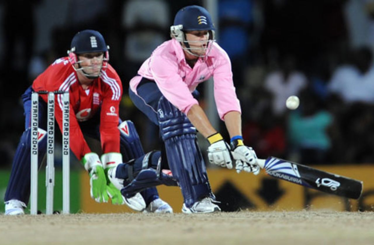 Dawid Malan reverse sweeps for four on his way to 44 not out, England v Middlesex, Antigua, October 26, 2008