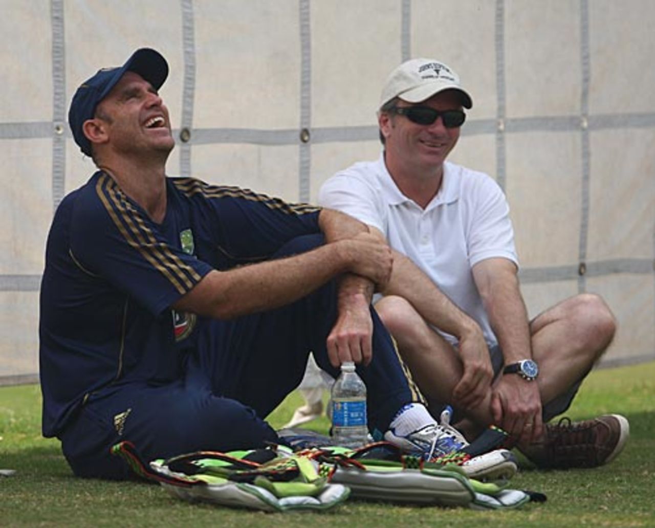 Matthew Hayden has a laugh with Steve Waugh, who visited the Australians at the Feroz Shah Kotla, Delhi, October 27, 2008