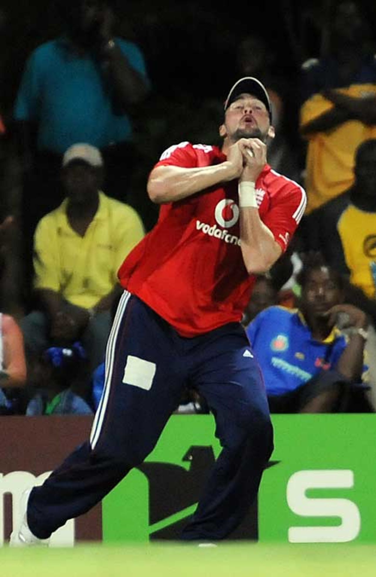 Steve Harmison has no problems with the lights to hold a catch at third man, England XI v Trinidad & Tobago, Antigua, October 28, 2008