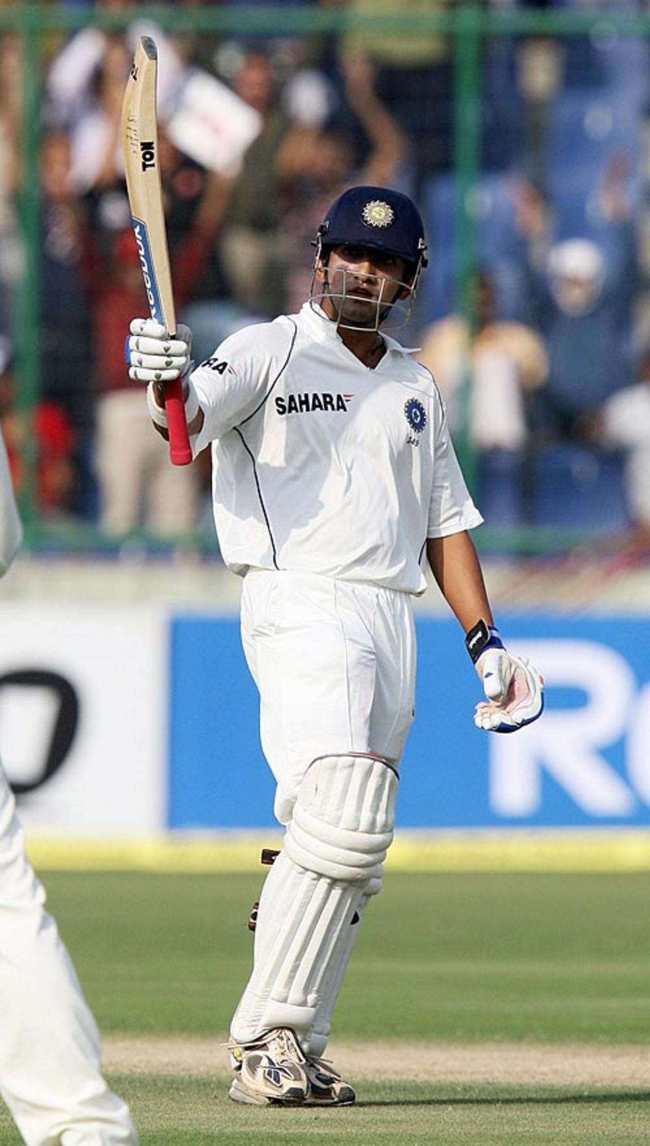 Gautam Gambhir raises his bat after reaching his hundred, India v Australia, 3rd Test, Delhi, 1st day, October 29, 2008