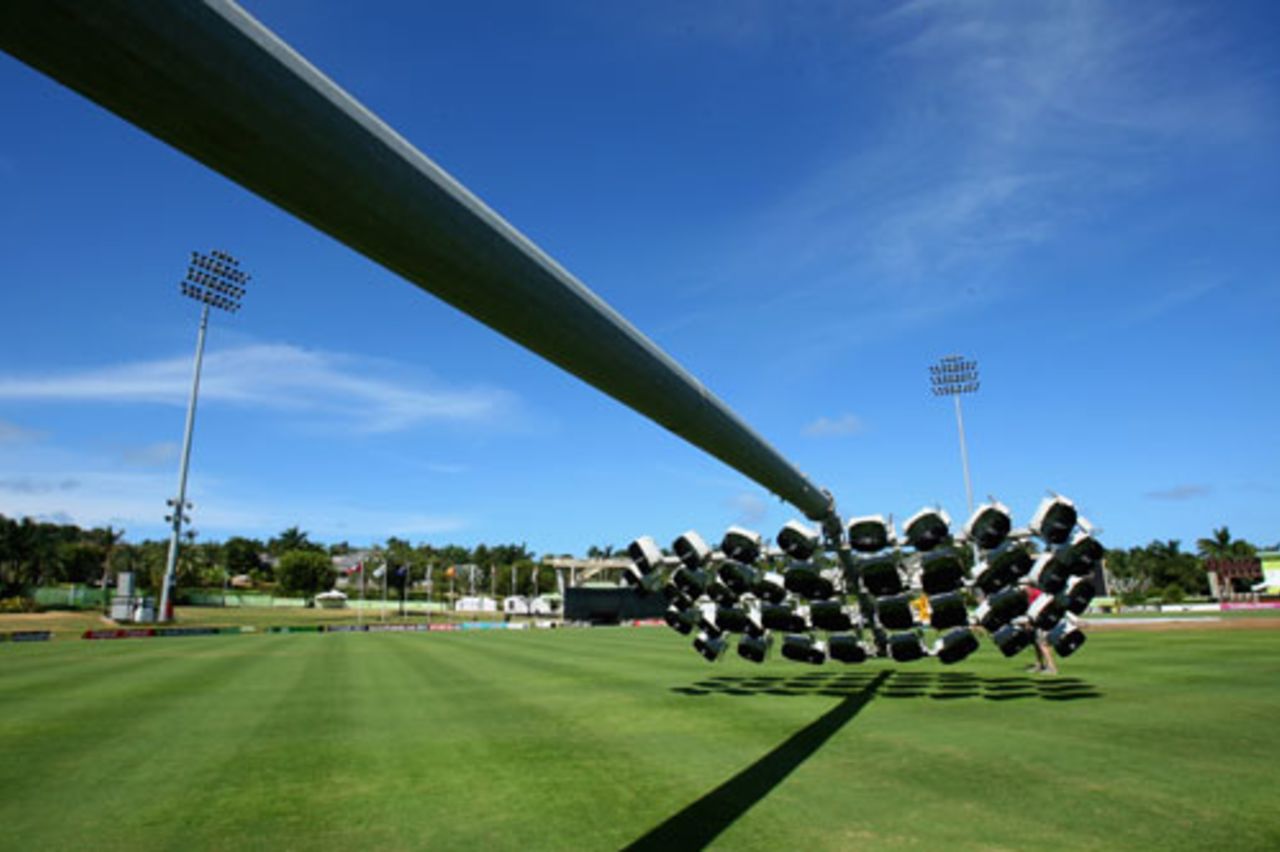 The much-maligned lights at Stanford's ground are lowered for inspection , Stanford 20/20 for 20, Antigua, October 29, 2008