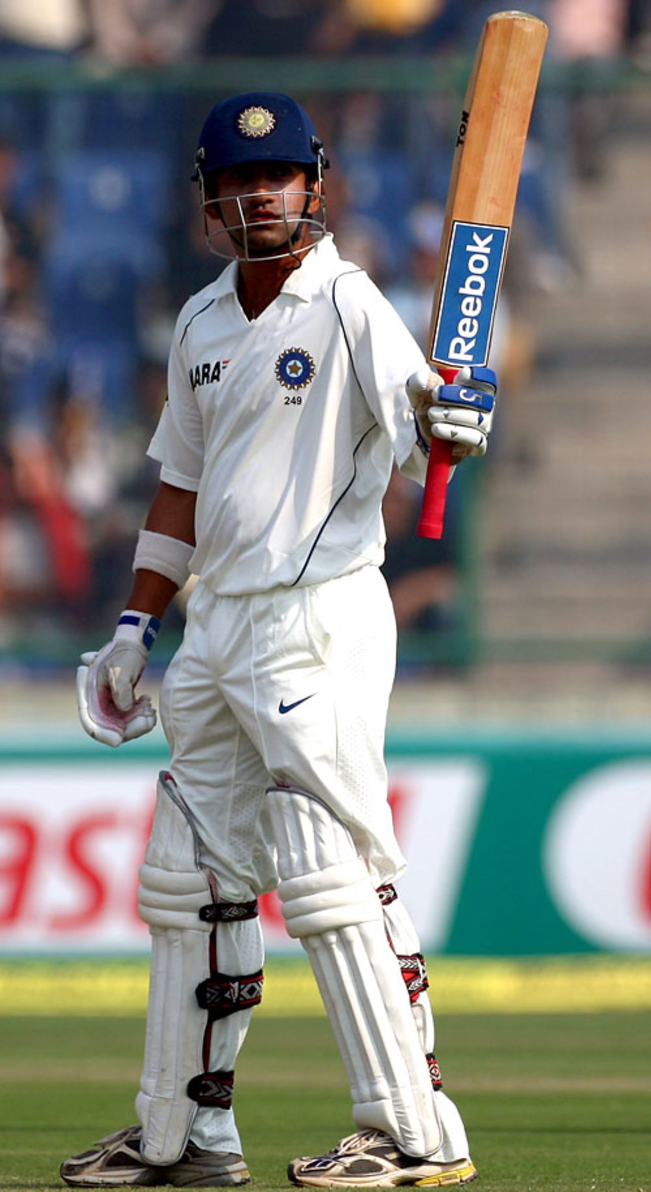 Gautam Gambhir raises his bat after reaching 150, India v Australia, 3rd Test, Delhi, 2nd day, October 30, 2008