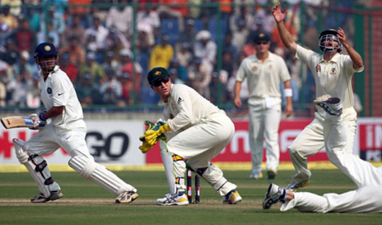The desperation is writ large on the faces of Australian fielders as Gautam Gambhir edges the ball wide of a diving first slip, India v Australia, 3rd Test, Delhi, 2nd day, October 30, 2008