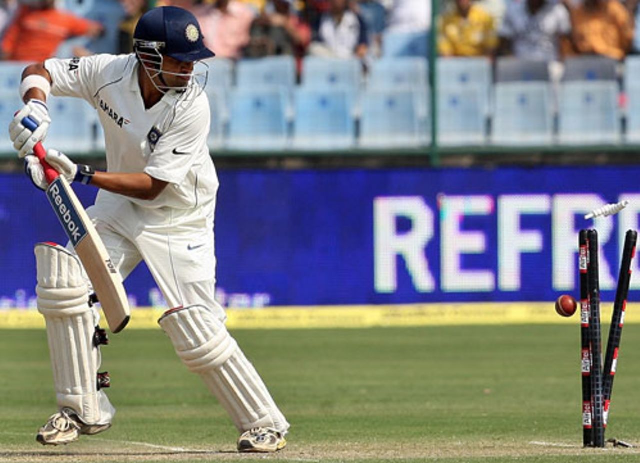 Gautam Gambhir is bowled by Shane Watson for 206, India v Australia, 3rd Test, Delhi, 2nd day, October 30, 2008