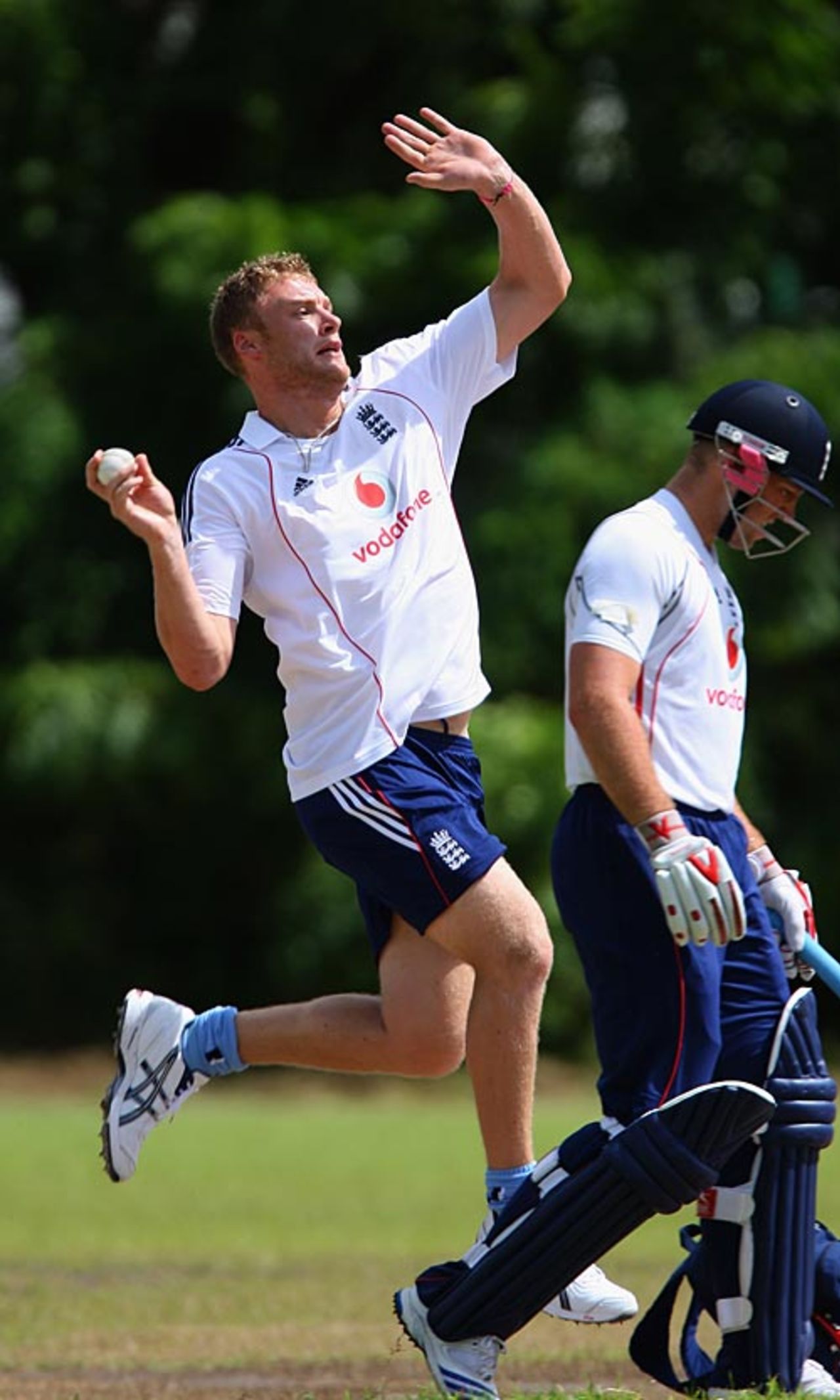 Andrew Flintoff steams in during practice, Stanford 20/20 for 20, Antigua, October 30, 2008