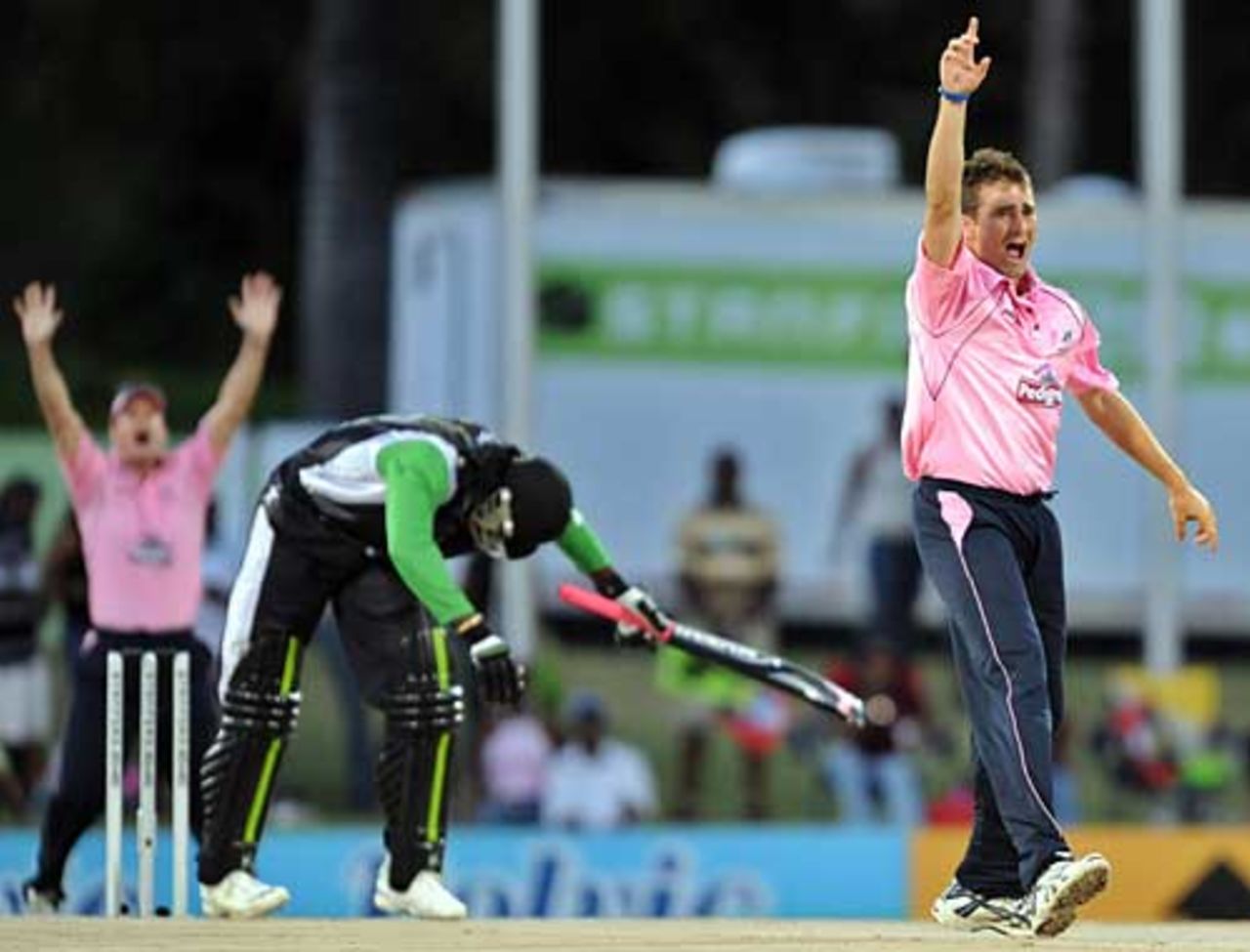 Tim Murtagh traps Chris Gayle lbw in the first over, Stanford Superstars v Middlesex, Antigua, October 30, 2008