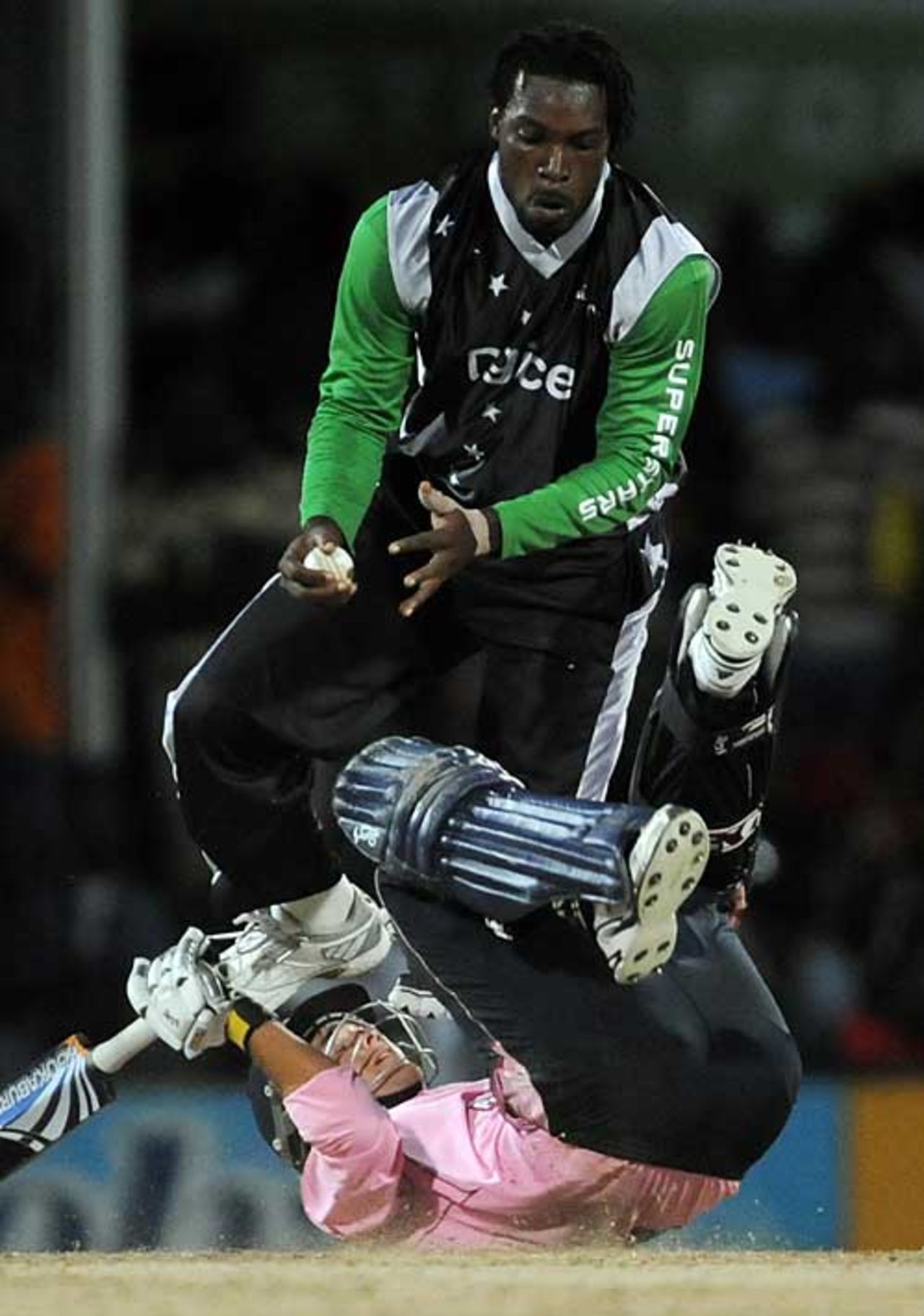 Chris Gayle gets in a bit of a tangle with Dawid Malan, Stanford Superstars v Middlesex, Antigua, October 30, 2008