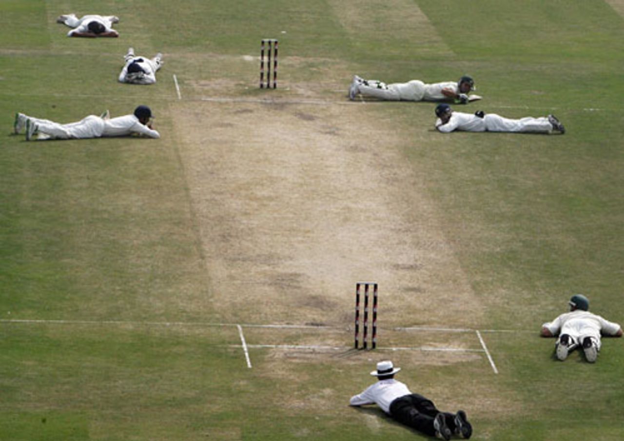 The players take cover, lying flat on the ground, as a swarm of bees invades the ground, India v Australia, 3rd Test, Delhi, 3rd day, October 31, 2008