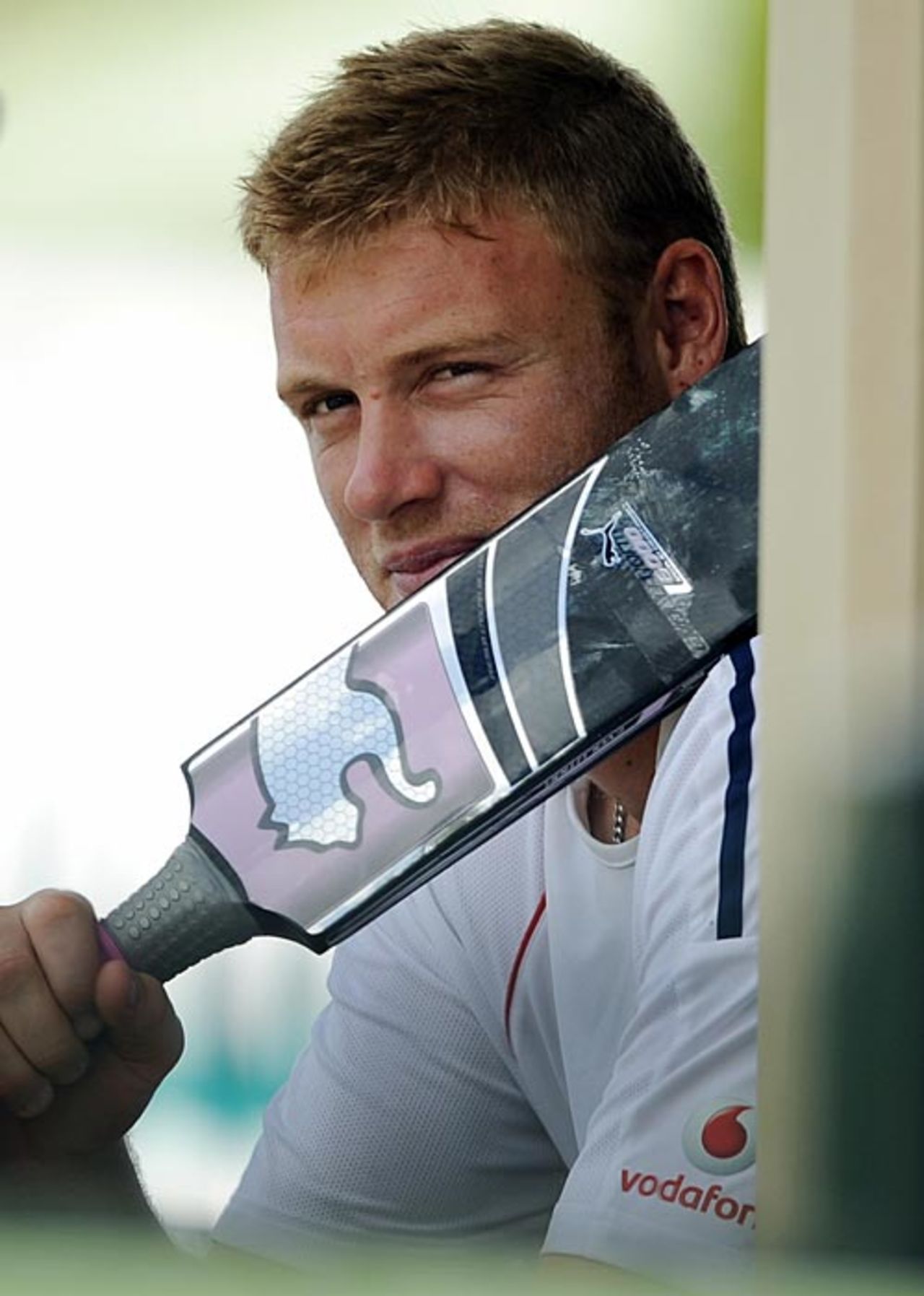 Andrew Flintoff poses with the special bat to be used for the match, Stanford 20/20 for 20, Antigua, October 31, 2008