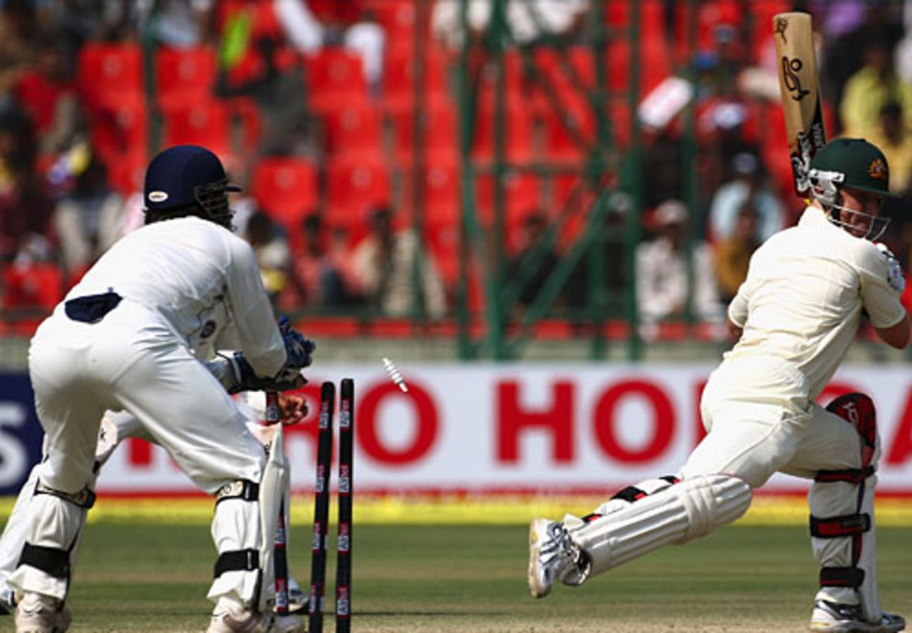 Brad Haddin is stumped by Mahendra Singh Dhoni for 17 off Anil Kumble, India v Australia, 3rd Test, Delhi, 4th day, November 1, 2008